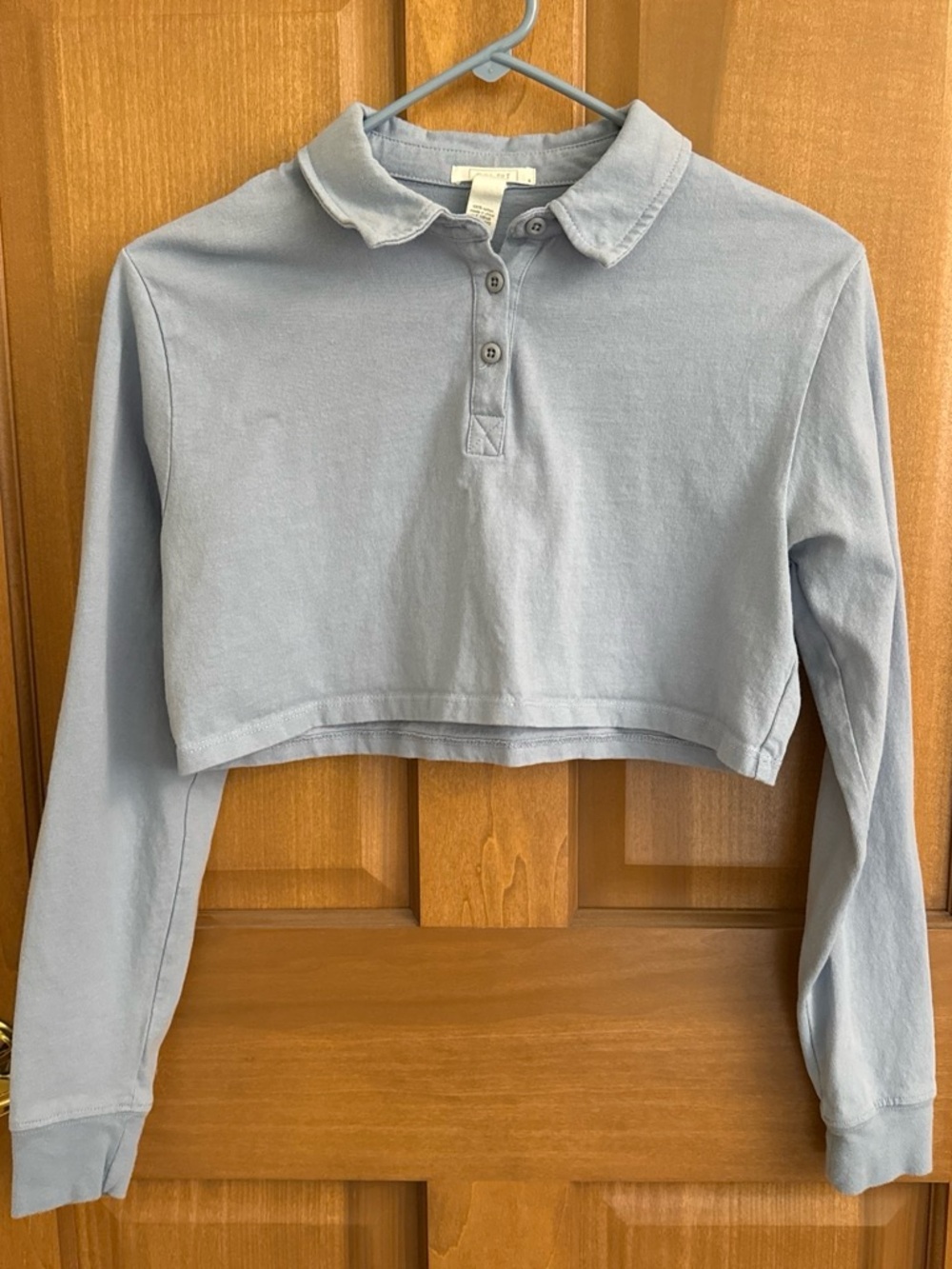 Cropped Polo Long-Sleeve Top - Light Blue